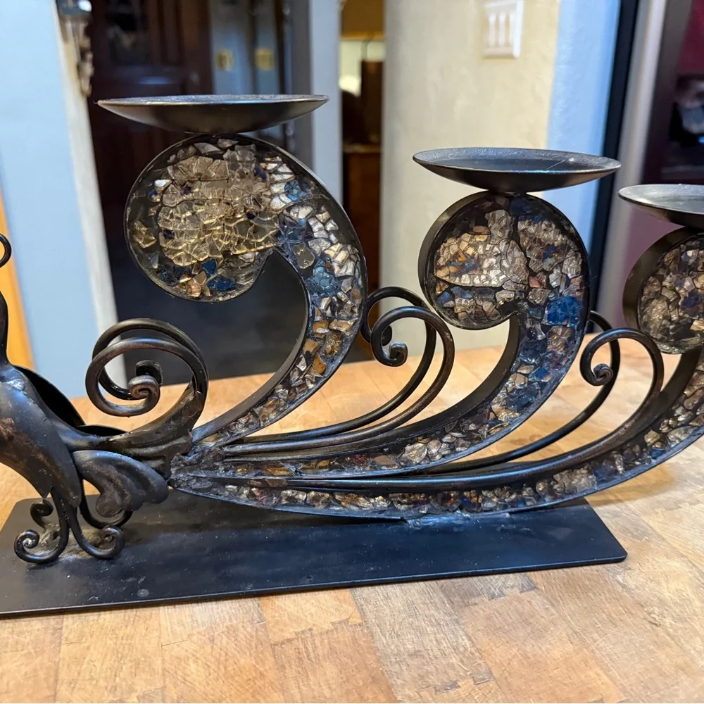 Vintage Pier 1 Elegant Black and Gold mosaic Glass tiles Peacock Candle Holder